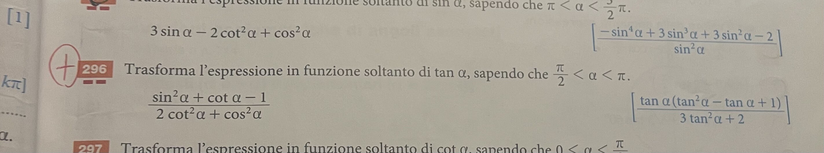 Trasforma le seguenti espressioni in deals funzione soltanto di tan alfa